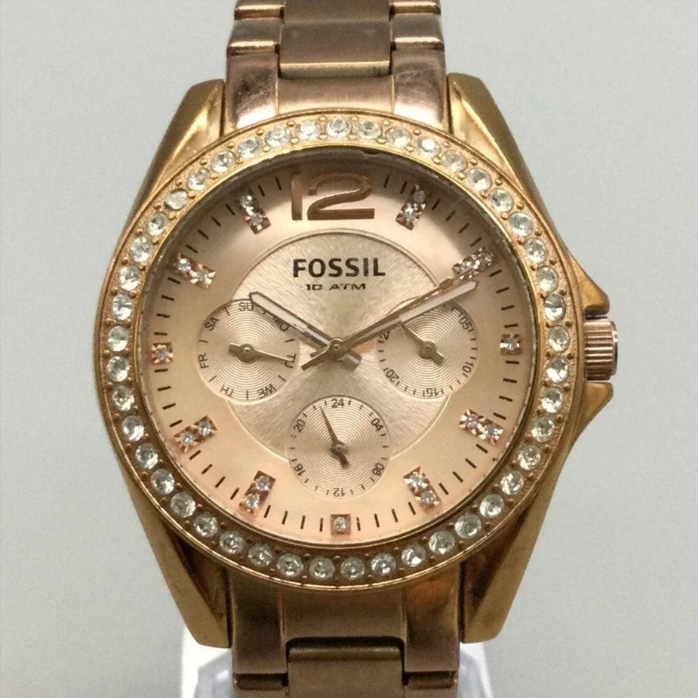 Fossil Riley Womens Watch 38mm Rose Gold Dial Crystal Bezel New Battery 7.25